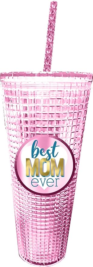 Spoontiques - Diamond Tumbler - Textured Cup with Straw - Double Wall Insulated and BPA Free - 20 oz - Mom