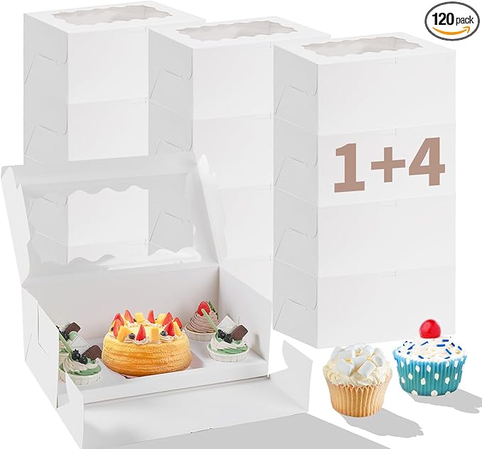 Bento Cake Box With Cupcakes, Clear Window 5 Holes Bento Combination,12 Sets: Cookie Boxes Fit 4 Regular Cupcake and Mini Cakes, Christmas Wedding Birthday Party (White/clear, 1+4/12pcs)