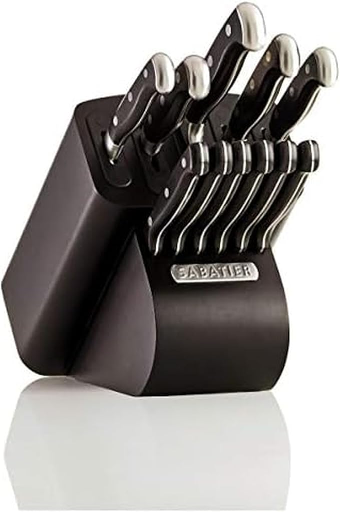 Sabatier Self-Sharpening 12-piece Forged Triple Rivet Knife Block Set with Edgekeeper Technology, High-Carbon Stainless Steel Kitchen Knives, Razor-Sharp Knife Set with Wood Block, Black