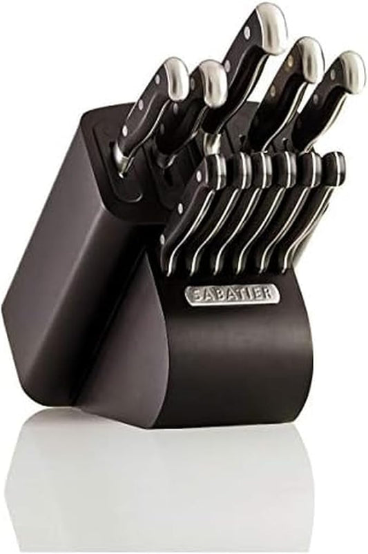 Sabatier Self-Sharpening 12-piece Forged Triple Rivet Knife Block Set with Edgekeeper Technology, High-Carbon Stainless Steel Kitchen Knives, Razor-Sharp Knife Set with Wood Block, Black