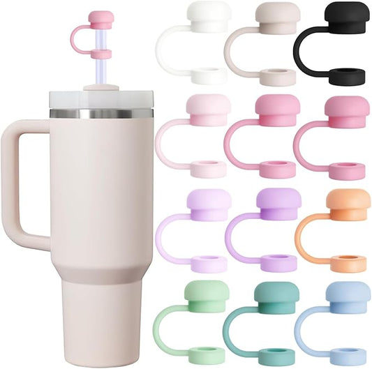GLAMFIELDS 12Pcs Straw Topper Cap for Stanley Tumbler 40-20 oz, 0.4in 10mm Soft Silicone Straw Covers for Stanley Cup Accessories, Dust-proof Reusable Drinking Straw Tips Lids