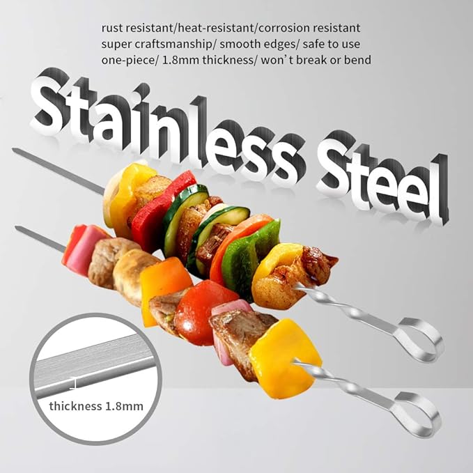 Skewers for Kabobs, 14" Metal Kebab Skewers for Grilling Flat Long Stainless Steel Kabob Sticks, Reusable Grill Shish BBQ Barbecue Sticks for Meat Chicken Vegetable Shrimp, 12 Pack