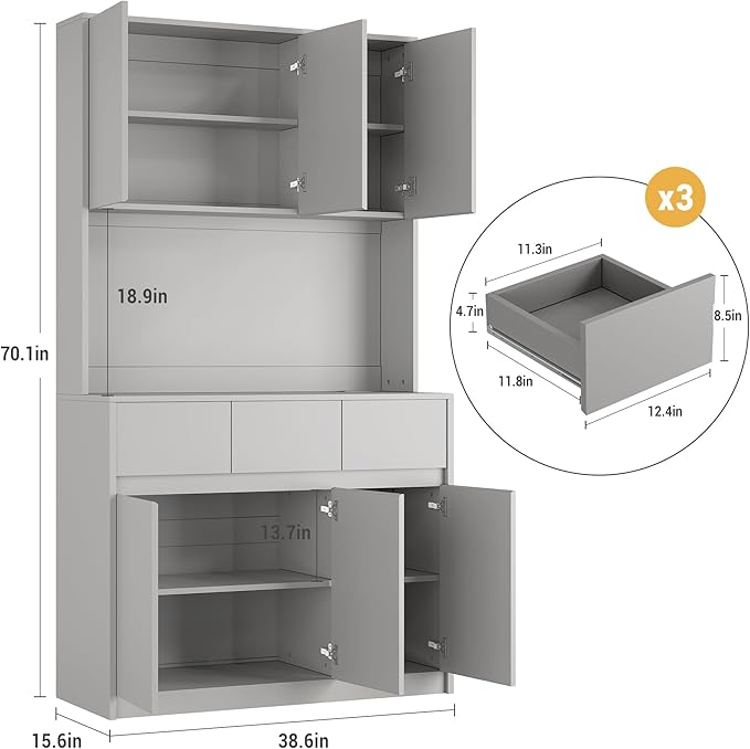 Garvee Kitchen Pantry Cabinet,71 in Tall Storage Cabinet with Doors&Shelves Adjustable, Kitchen Storage Hutch with Microwave Shelf, Led Lights&Charging Station,Corner Pantry Cabinet