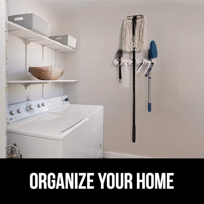 GORILLA GRIP Wall Mount Hook Fixture, Also Includes Slots to Hold Mop, Broom, Tools, Easy Install, Organize Cleaners, Tools, Home, Kitchen, Garage, 6 Hooks 5 Slots, Black