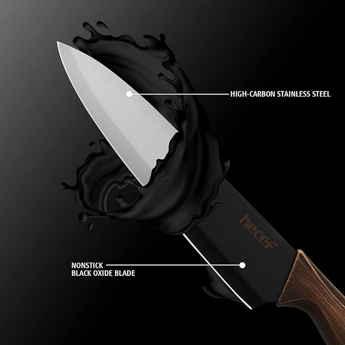 hecef Vintage Kitchen Knife Set, Stainless Steel Non-stick Black Coated Knives with Extra Sheaths, Includes Chef, Bread, Santoku, Utility and Paring Knife