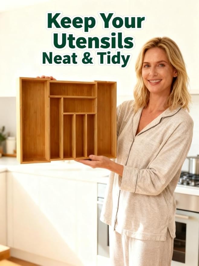 QUEENKAY Bamboo Expandable Drawer Organizer for Utensils Holder, Wood Drawer Dividers for Silverware, Flatware, Knives in Kitchen, Bedroom, Living Room