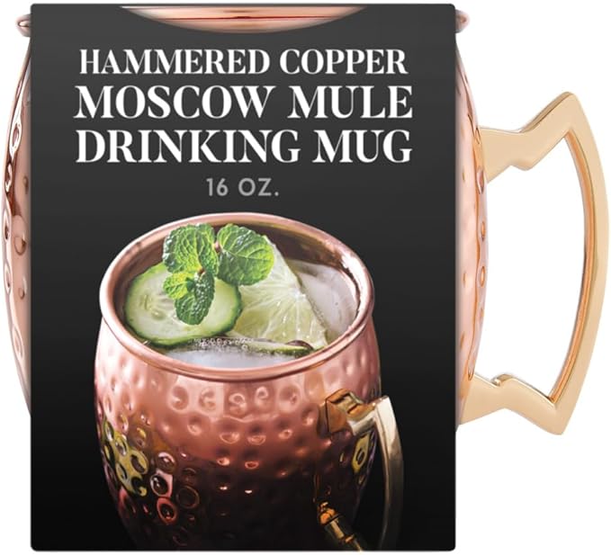 HIC Kitchen Bar Hammered Copper Moscow Mule Drinking Mug with Contrasting Handle, Copper-Plated 18/8 Stainless Steel, 16-Ounce