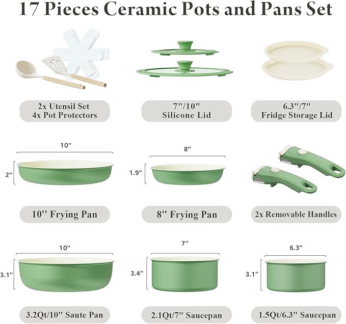 Ceramic Nonstick Cookware Set, Healthy,Non Toxic,17-Pieces Pots and Pans Set Removable Handles,Induction RV Kitchen Set,Stain & Scratch-resistant,Dishwasher/Oven Safe,PFAS/PFOA Free,Green