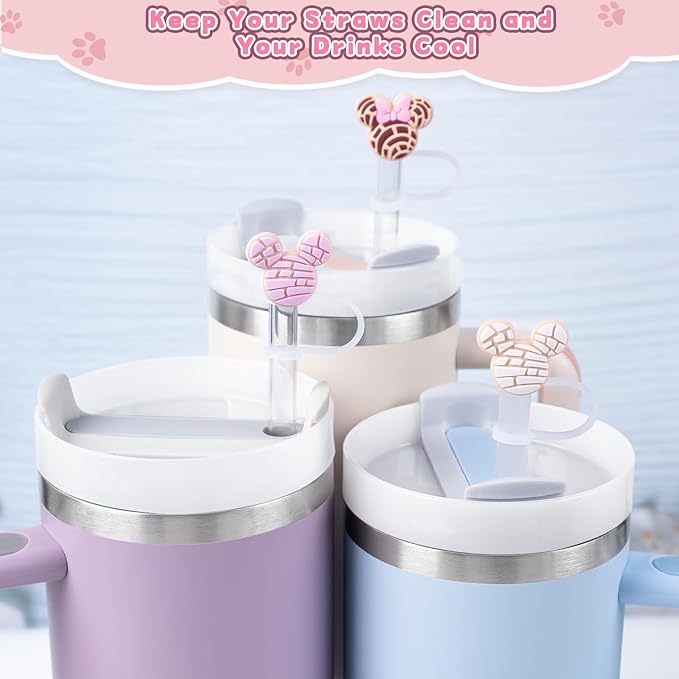 9PCS Straw Covers for Stanley Cup Tumbler 30 oz / 40 oz Leak Proof Straw Toppers 10mm Silicone Cute Caps for Stanley Cup Accessories-Pink Mice-9pcs