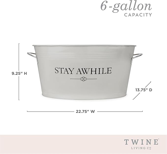 Twine Stay Awhile White Painted Galvanized Ice Bucket & Metal Tub - Beverage Ice Barrel Tub for Parties in 6.3-Gallon Capacity