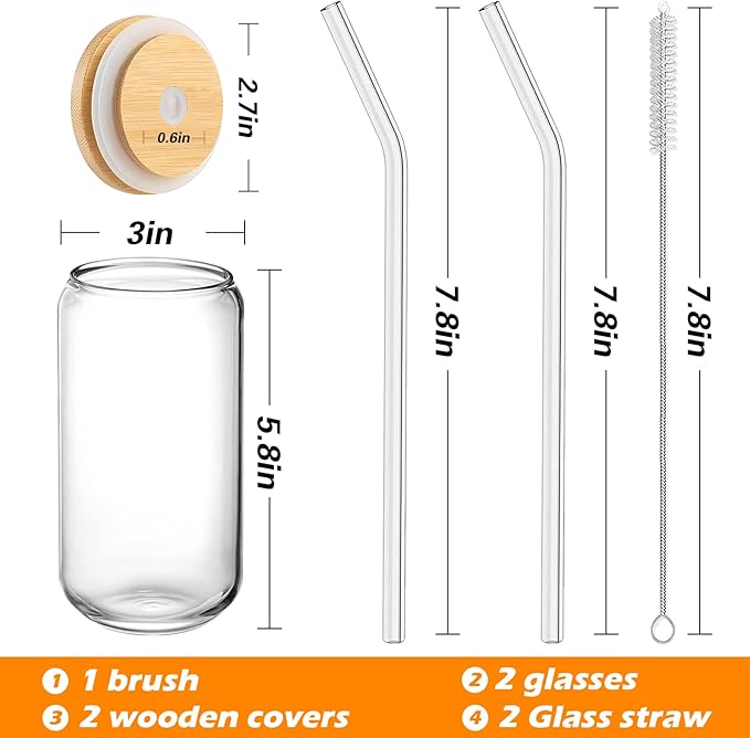 Drinking Glasses with Bamboo Lids and Glass Straw 2PCS Set, 16oz Glass Cups with Lids and Straws, Beer, Iced Coffee Glasses, Soda, Gift 1 Cleaning Brushes