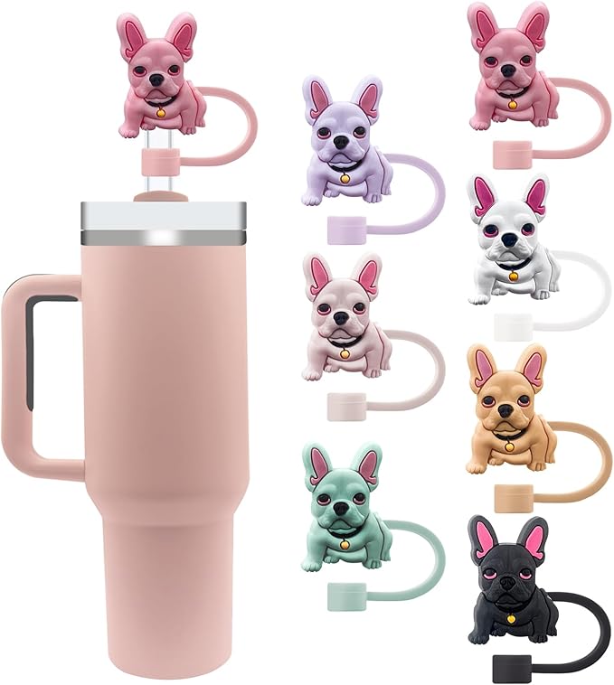 Velaco 7Pcs 0.4in/10mm Diameter Silicone Straw Covers Cap Compatible with Stanley 20 30&40 Oz Cup, Cute Dog Straw Topper for Stanley 40 Oz Tumbler with Handle, Dust-Proof Straw Caps for Water Bottle