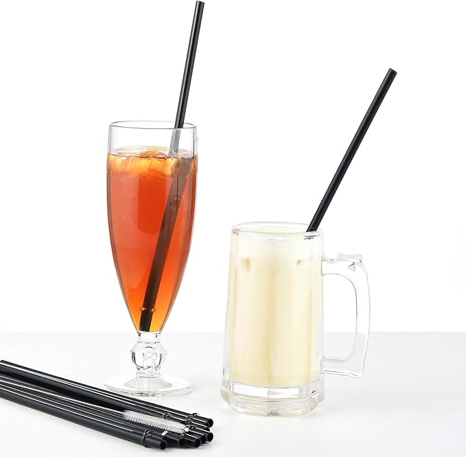 ALINK 12-Pack Reusable Black Straws, 10.5" Long Hard Plastic Tumbler Replacement Straws for 16 OZ 20 OZ 30 OZ Stanley, YETI, Mason Jar, Starbucks Tumblers, Set of 10 with Cleaning Brush