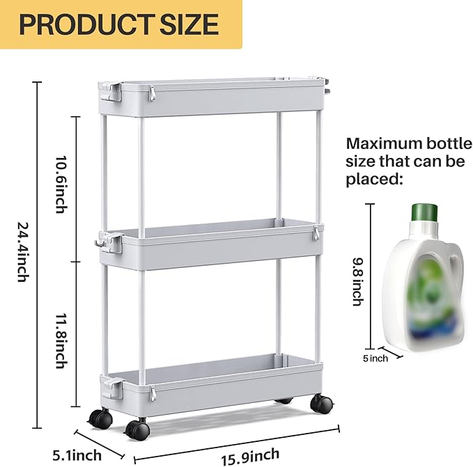 SPACEKEEPER Slim Rolling Storage Cart, 3 Tier Storage Organizer Laundry Room Organizer Mobile Shelving Unit, Multi-Purpose for Kitchen Office Bathroom Laundry Narrow Places, Gray