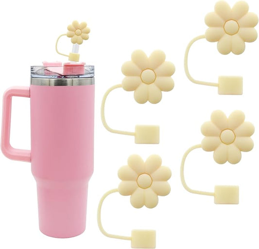 Flower Straw Cover Cap for Stanley Cup Silicone Straw Topper Compatible with 30&40 Oz Tumbler with Handle,Straw Tip Covers 10mm 0.4in for Straw Tip Covers (4pcs Beige flower)