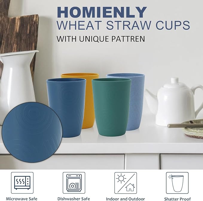 Wheat Straw Cups 6 PCS Plastic Cups Reusable Unbreakable Drinking Cup Dishwasher Safe Water Glasses with Unique Pattern (16 OZ)