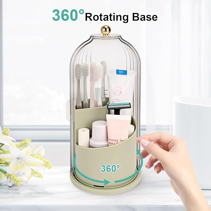Toothbrush Holders with Sliding Lid, Rotating 3 Slots Bathroom Organizer Countertop, Tooth Brush Toothpaste Holder Bathroom Counter Stand Sink Organizer Caddy for Makeup Brushes Holder (Green)