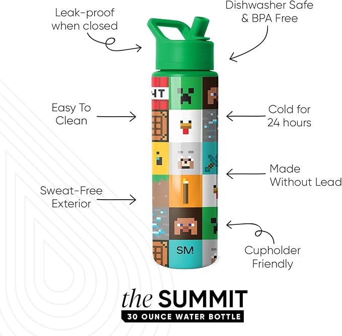 Simple Modern Summit Water Bottle with Straw Lid | Minecraft 30oz Leak Proof Stainless Steel Insulated Cup | Gifts for Men | Minecraft Mashup