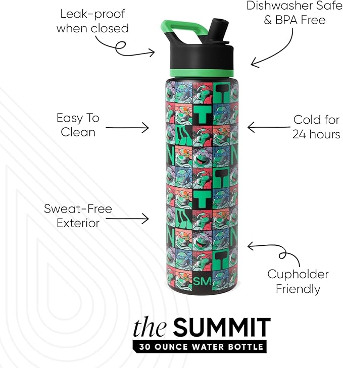 Simple Modern Summit Water Bottle with Straw Lid | Teenage Mutant Ninja Turtles 30oz Leak Proof Stainless Steel Insulated Cup | Gifts for Him | TMNT Checkerboard