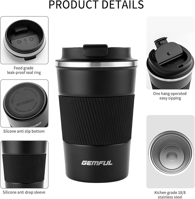 GEMFUL Travel Coffee Mug 2 Pack Insulated To Go Tumbler with Lid Portable Stainless Steel Reusable Cups Leak proof for Women Hot Cold Drinks 17oz (Black and Blue)