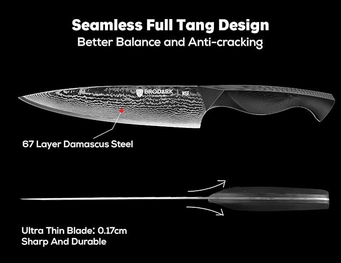 BRODARK Knife Set, Damascus Kitchen Knife Set with Block, 9 Pieces Sharp Professional Japanese Chef Knives with Ergonomic Full-Tang ABS Handle for Home, Restaurant -Christmas Gift, Dark Horse Series