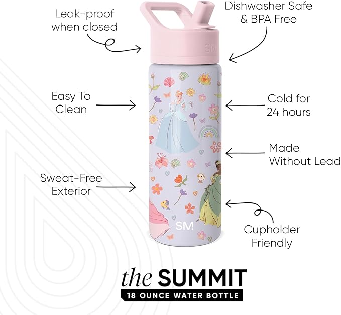 Simple Modern Kids Summit Water Bottle with Straw Lid | Disney Princesses 18oz Stainless Steel Cup Insulated Tumbler for Girls, School | Princess Tapestry