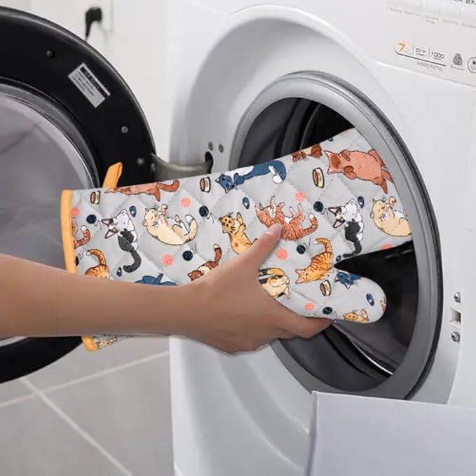 Oven Mitts Cotton Fashion Cute Cat Design 1pair Heat Resistant Oven Gloves Safe Cooking Baking Grilling Barbecue Machine Washable Pot Holders (Cat)