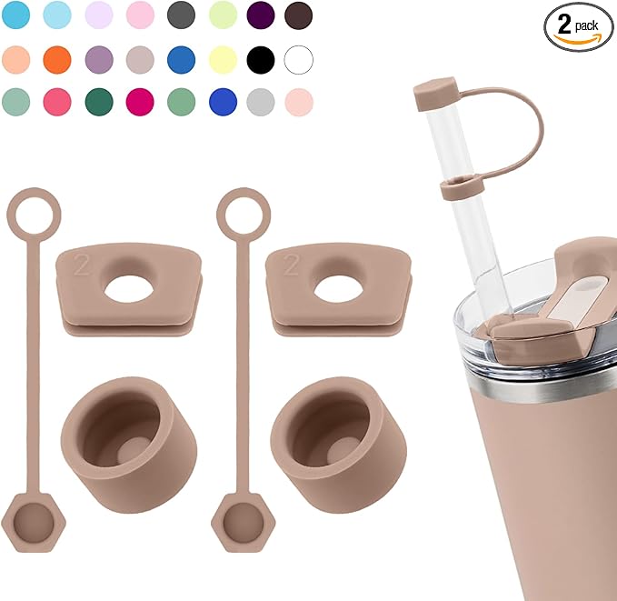 Silicone Spill Stopper Set Compatible with Stanley Cup 2.0 30oz & 40oz with Straw Cover (Set of 2, Almond Rose)