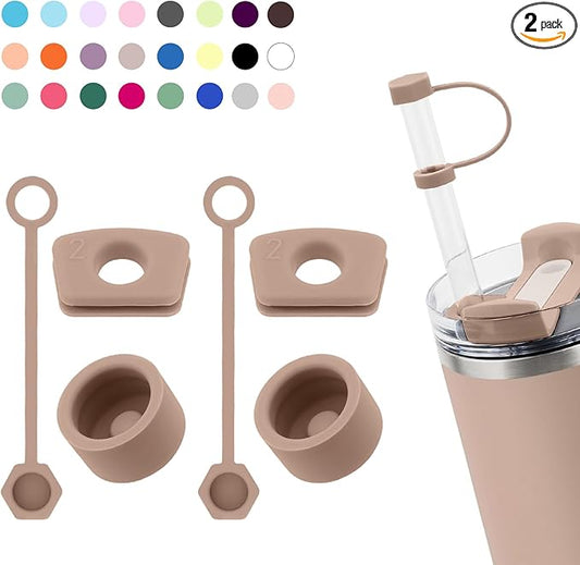 Silicone Spill Stopper Set Compatible with Stanley Cup 2.0 30oz & 40oz with Straw Cover (Set of 2, Almond Rose)
