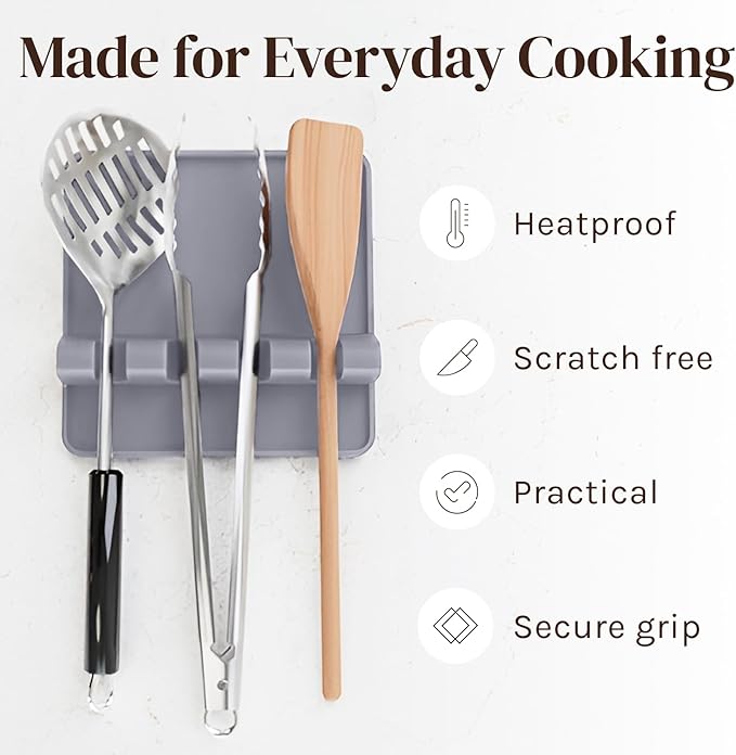 Silicone Spoon Rest for Stove Top with Drip Pad (2 Pack) - Heat Resistant BPA Free Utensil Rest & Kitchen Spoon Holder for Kitchen Counter - Grill Countertop - Spatula Holder, Tongs, Ladle - Gray