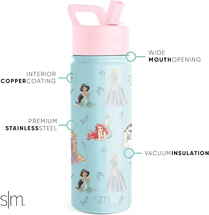 Simple Modern Kids Summit Water Bottle with Straw Lid | Disney Princess 18oz Stainless Steel Cup Insulated Tumbler for Girls, School | Princesses Royal Beauty