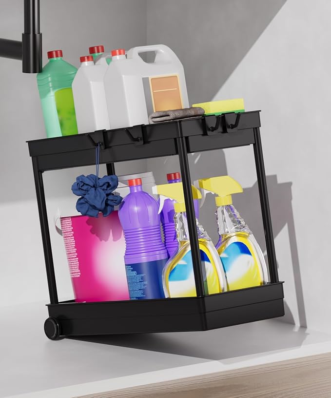 Under Sink Organizer, Under Cabinet Basket Organizer Drawer with Hooks, Bathroom Standing Rack, Multi-purpose Storage Shelf, Black