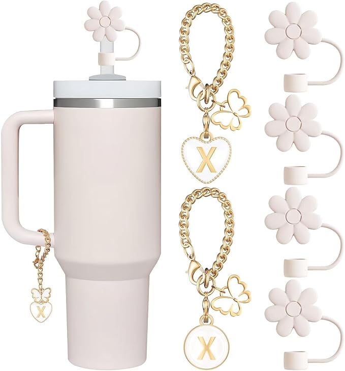 Compatible with Stanley Cup Accessories, 2PCS Butterfly Letter Charms with 4PCS 10mm Stanley Straw Cover Cap for Stanley Cup 30&40 Oz, Silicone Stanley Straw Toppers for Stanley Tumbler(X)