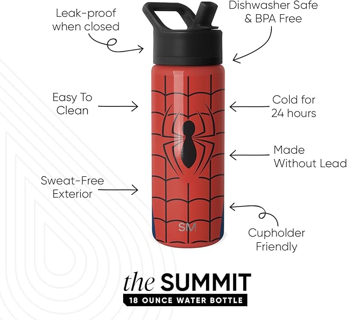 Simple Modern Kids Summit Water Bottle with Straw Lid | Marvel Spider Man 18oz Stainless Steel Cup Insulated Tumbler for Boys, School | Spider Armor