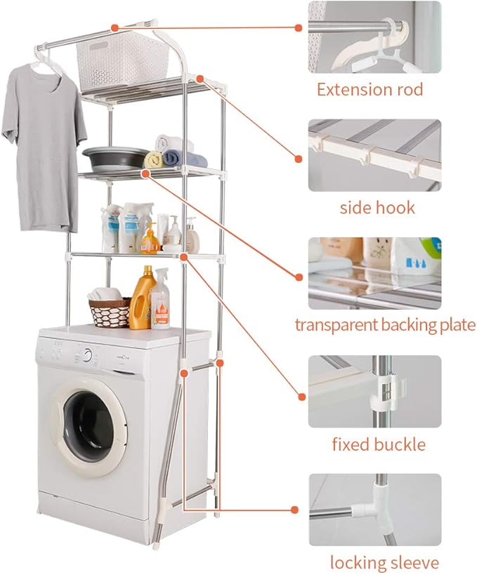 BAOYOUNI 3-Tier Laundry Room Shelf Over Washing Machine Storage Utility Rack Above Toilet Washer Dryer Clothes Hanger Width Adjustable Bathroom Organization Space Saving Shelving Units, Ivory
