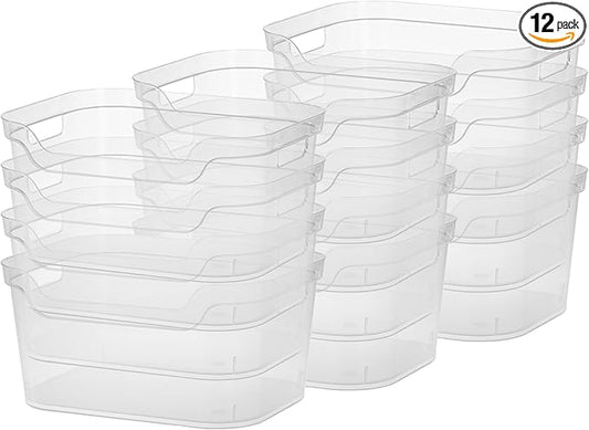 Sterilite 7 x 11 x 14.25 Inch Polished Open Scoop Front Storage Bin with Comfortable Carry Through Handles for Household Organization, Clear (12 Pack)
