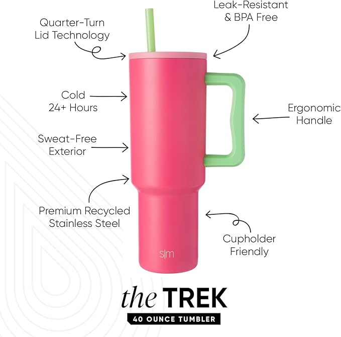 Simple Modern 40 oz Trek Tumbler with Handle and Straw Lid | Cup Holder Friendly Insulated Stainless Steel Travel Mug | Watermelon Splash