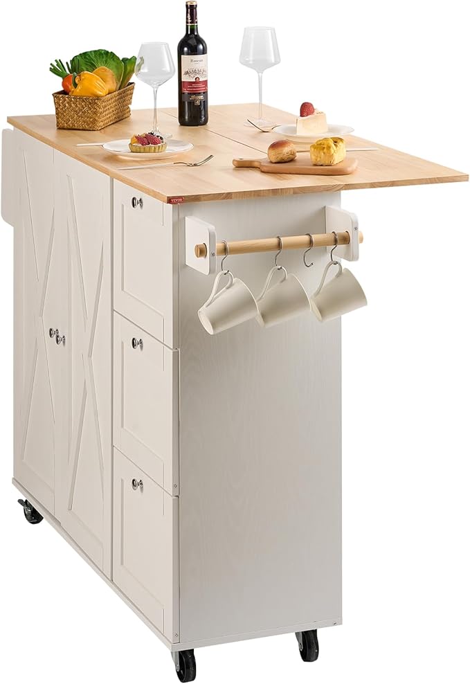 VEVOR Kitchen Island Cart, 45.3x39 inch Rolling Kitchen Table, Mobile Carts with Storage Cabinet and Solid Wood Top, Portable Islands with Wheels, Spice Rack, Towel Rack, Drop Leaf and Drawer, White