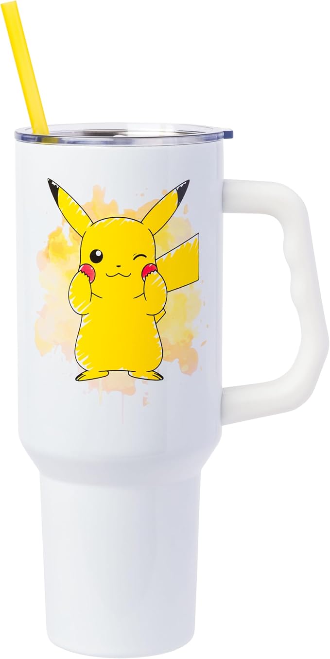 Silver Buffalo Pokémon Stainless Steel Tumbler with Handle Featuring Pikachu, Fits in Standard Cup Holder, 40 Ounces