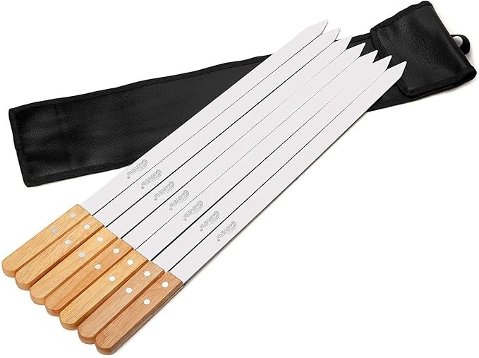 Goutime Kabob Skewers 23 Inch Long,1 Inch Wide Stainless Steel Grilling BBQ Skewer with Wood Handle for Making Koubideh Persian Brazilian Chicken Shrimp Kebab,Set of 7 with Bag