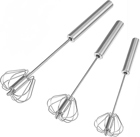 3 PCS Stainless Steel Semi-Automatic Whisk, Hand Push Rotary Whisk Blender, Versatile Milk Frother for Blending, Whisking, Stirring (11+12+13 Inch)
