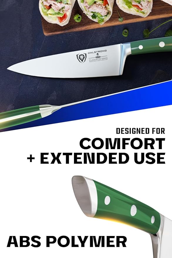 Dalstrong Chef Knife - 8 inch Blade - Gladiator Series - Forged High Carbon German Steel - Razor Sharp Kitchen Knife - Professional Full Tang Knives - Army Green Handle ABS - Sheath - NSF Certified