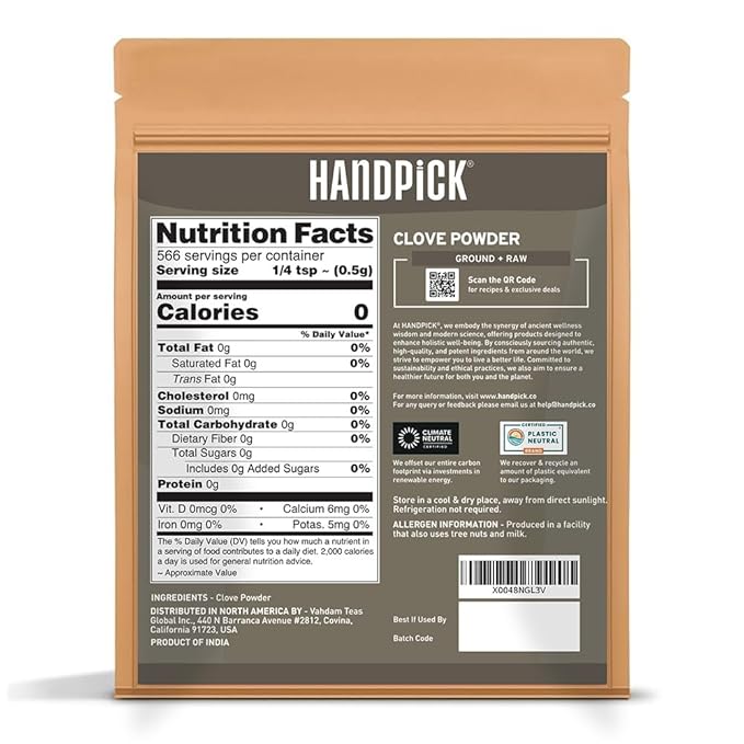 HANDPICK Ground Cloves (283g/10oz), Gluten free, Sourced from India, For Cooking, Smoothies, Tea, Packed in Resealable Zip Lock Pouch