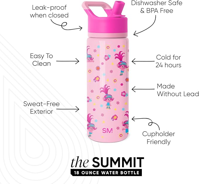 Simple Modern Kids Summit Water Bottle with Straw Lid | Trolls 18oz Stainless Steel Cup Insulated Tumbler for Girls, School| Poppy Mashup