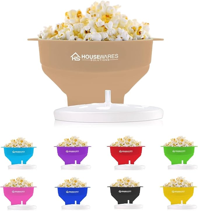 Collapsible Silicone Microwave Hot Air Popcorn Popper Bowl With Lid and Handles (Tan)