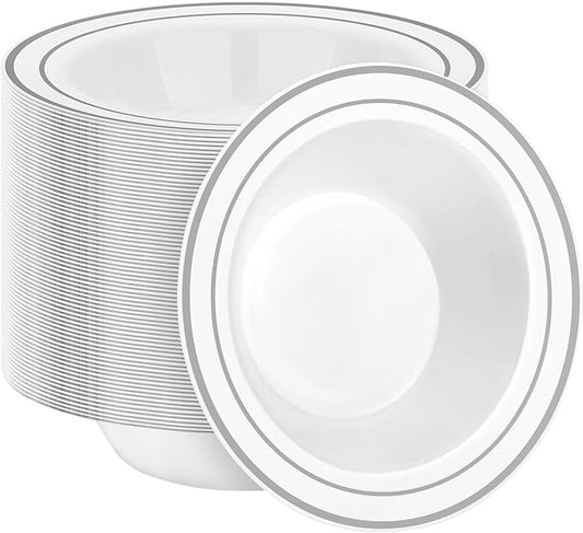 100 Pack Disposable Soup Bowls with Silver Rim, 12oz Premium Heavy Duty Plastic Dinner Bowls for Party, Wedding and Holiday