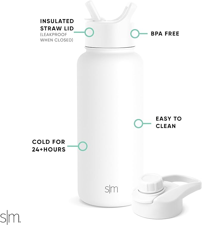 Simple Modern Water Bottle with Straw and Chug Lid Vacuum Insulated Stainless Steel Metal Thermos Bottles | Reusable Leak Proof BPA-Free Flask for Sports | Summit Collection | 32oz, Winter White