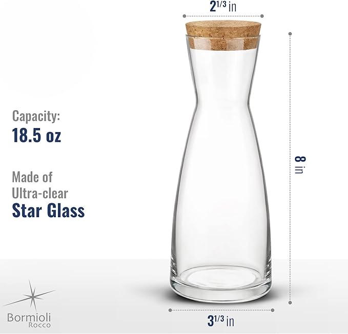 Bormioli Rocco Ypsilon Carafe with Cork Top - 18.5 oz Star Glass Water Pitcher & Juice Carafe with Modern Design Wide Mouth for Ice - Stylish Drinkware for Kitchen or Entertaining, Made in Italy