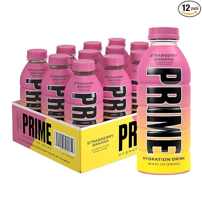 PRIME Hydration STRAWBERRY BANANA, Sports Drinks, Electrolyte Enhanced for Replenishing Fluids, 250mg BCAAs, B Vitamins, Antioxidants, Low Sugar, 16.9 Fl Oz, 12 Pack