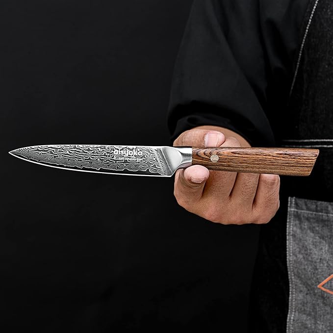 5-Inch Paring Knife - Japanese VG-10 Super Steel 67-Layer Damascus Blade - Fruit Utility Knife for Carving & Peeling - Luxury Gift Box with Color Wooden Handle - Includes Scabbard